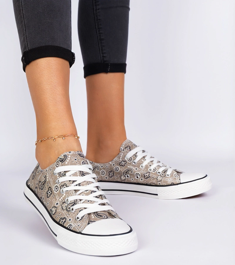 Hers Brązowe trampki damskie materiałowe w azteckim stylu