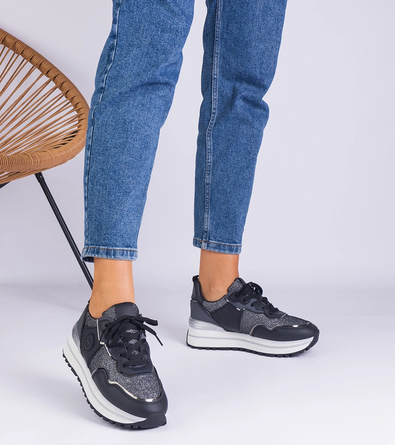 Hers sneakersy damskie czarne zdobione brokatem