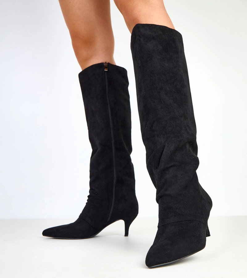 Hers Czarne kozaki zamszowe na obcasie