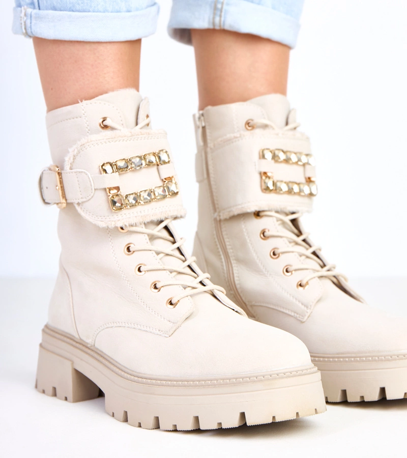 Hers Beżowe ocieplane botki zdobione kamieniami