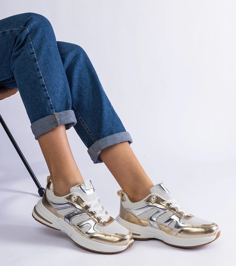 Hers sneakersy damskie materiałowe białe ze złotymi wstawkami sportowe