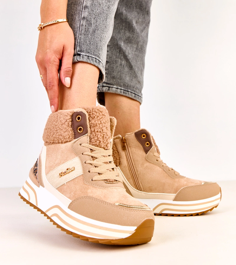 Hers Ciemnobeżowe sneakersy wysokie ocieplane z kożuszkiem