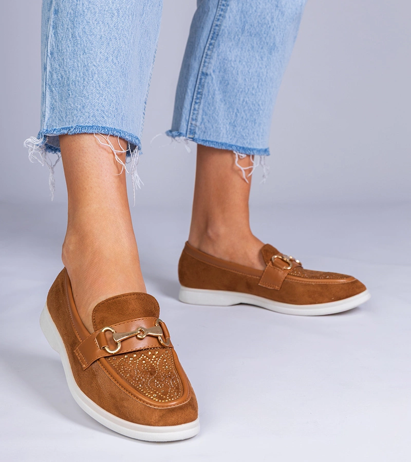 Hers Brązowe mokasyny z ekozamszu z cyrkoniami