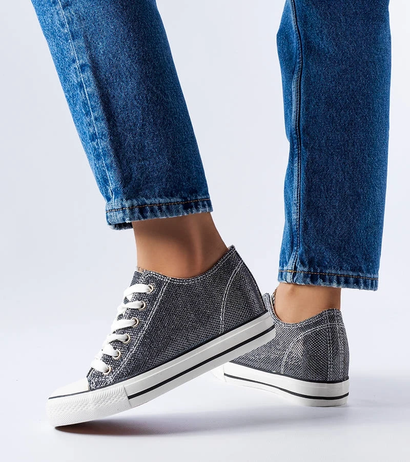 Hers Czarne trampki na koturnie brokatowe