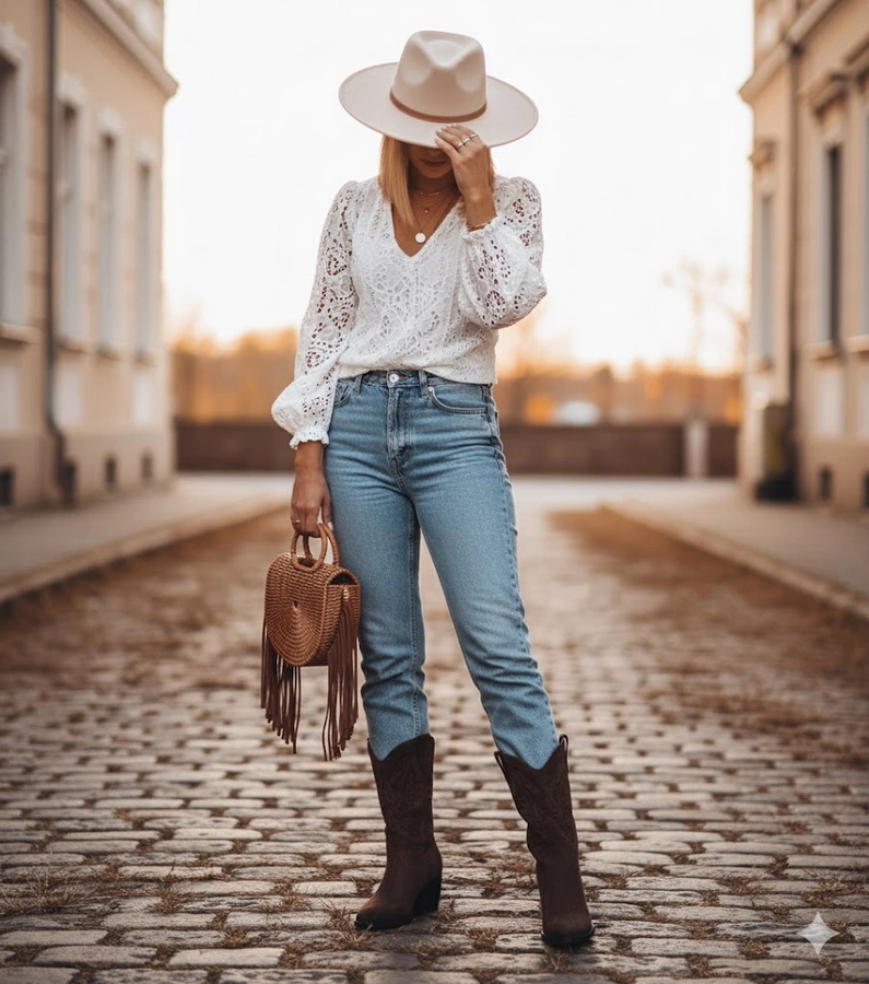 Hers Brązowe kowbojki z ozdobny haftem