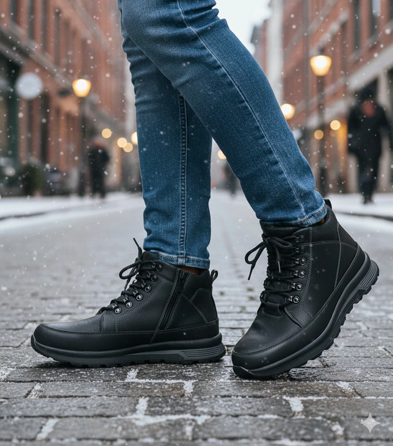 Hers Czarne trapery męskie ocieplane futrem na platformie