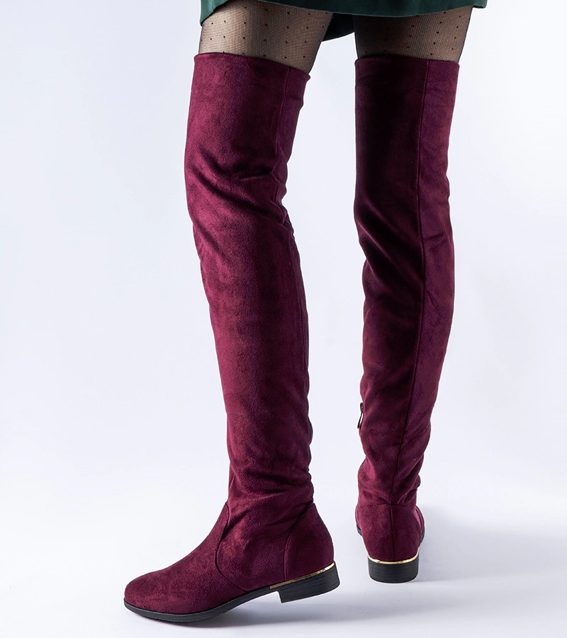 Długie bordowe ciepłe kozaki eko-zamsz