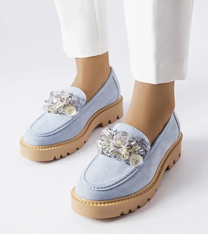Niebieskie mokasyny bogato zdobione plastikowymi kryształkami Vinceza