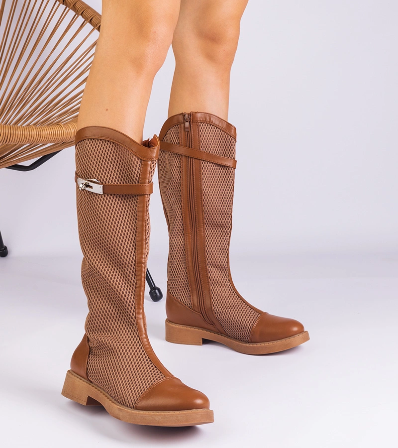 Hers Kozaki Płaskie Damskie Brązowe Siateczkowe