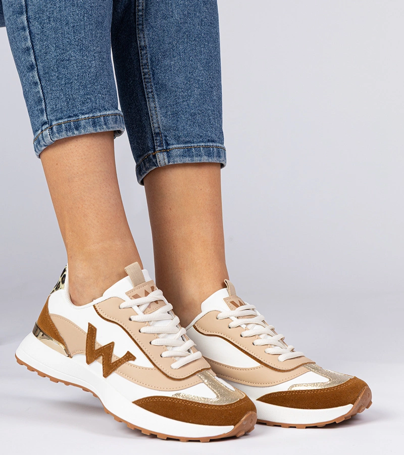 Hers Biało-brązowe sneakersy damskie z panterkowym dodatkiem