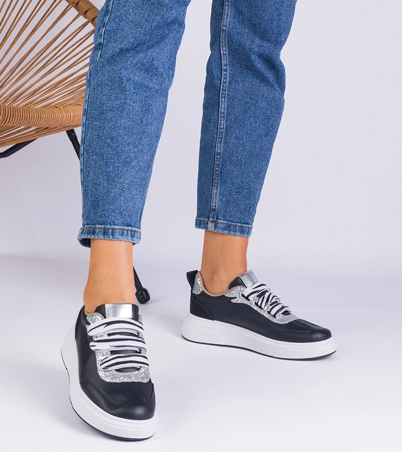 Hers sneakersy damskie czarne zdobione brokatem