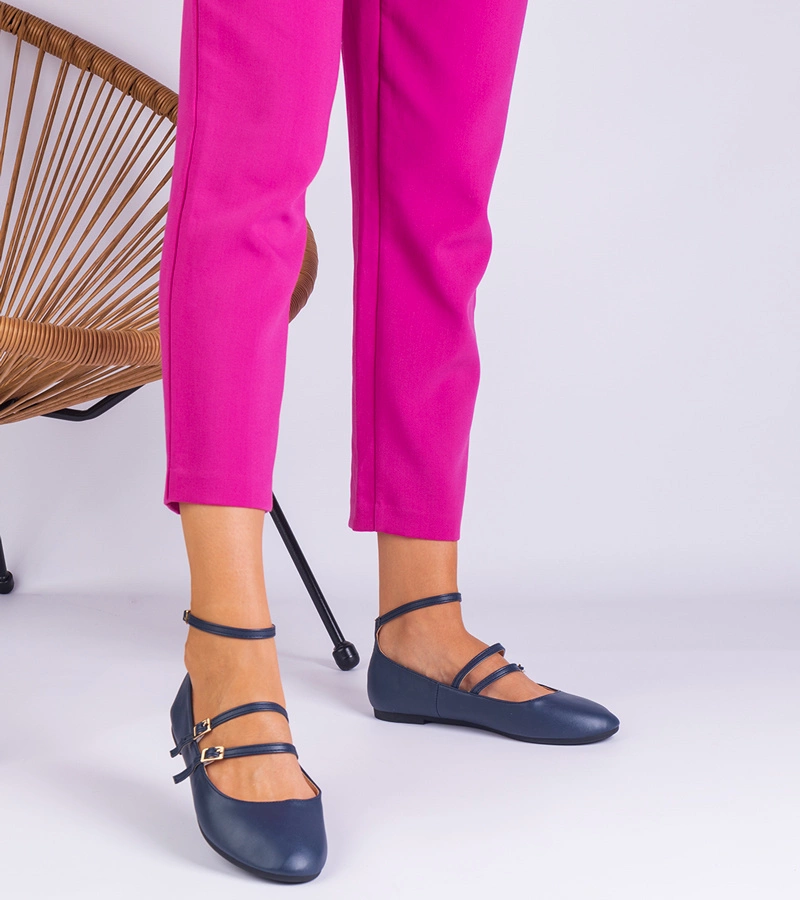 Hers baleriny damskie granatowe z ekoskóry ze sprzączkami