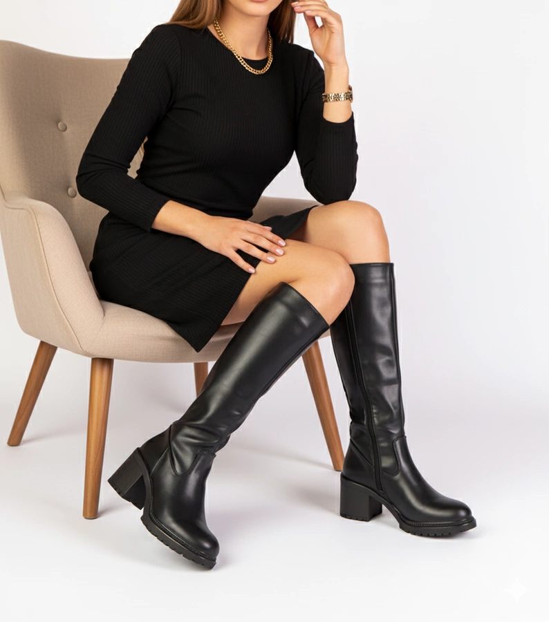 Hers Czarne kozaki na słupku w stylu vintage