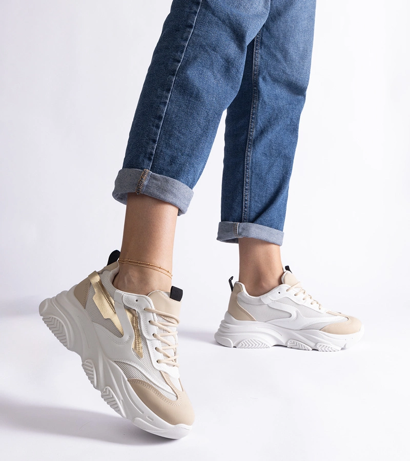 Hers sneakersy damskie beżowo-złote z unikalnym designem