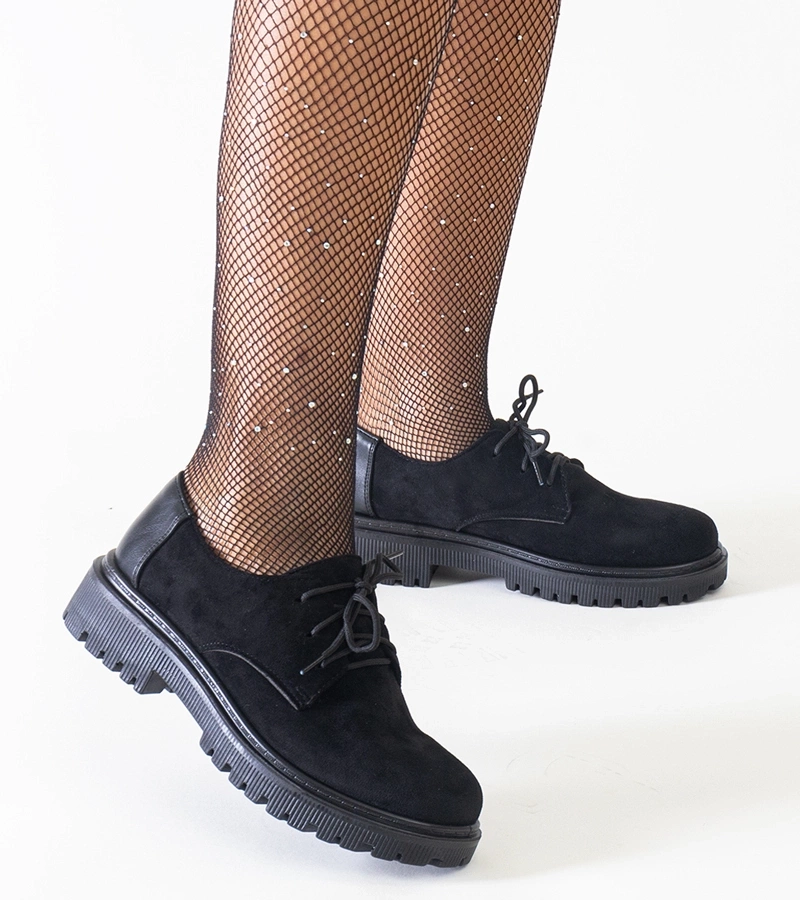 Czarne casualowe sznurowane półbuty z eko-zamszu