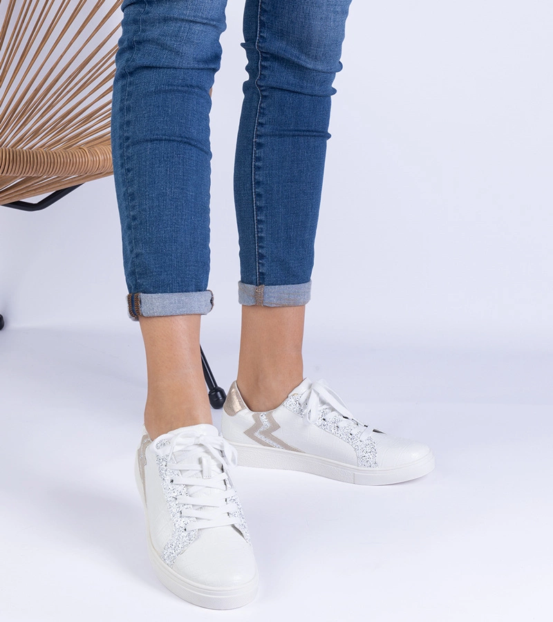 Hers sneakersy damskie białe z tłoczeniem i brokatem