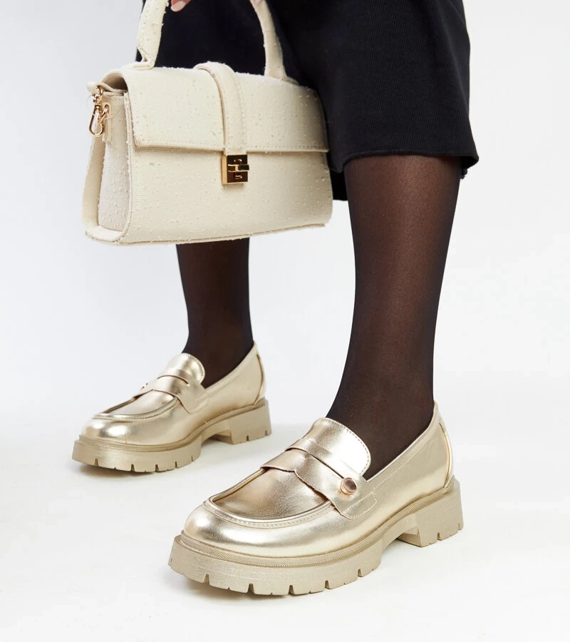 Złote mokasyny Eko skórzane