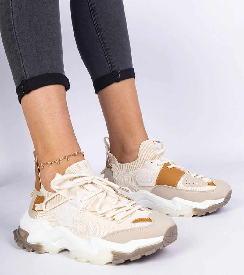 Hers Beżowe sneakersy damskie z skarpetkową cholewką
