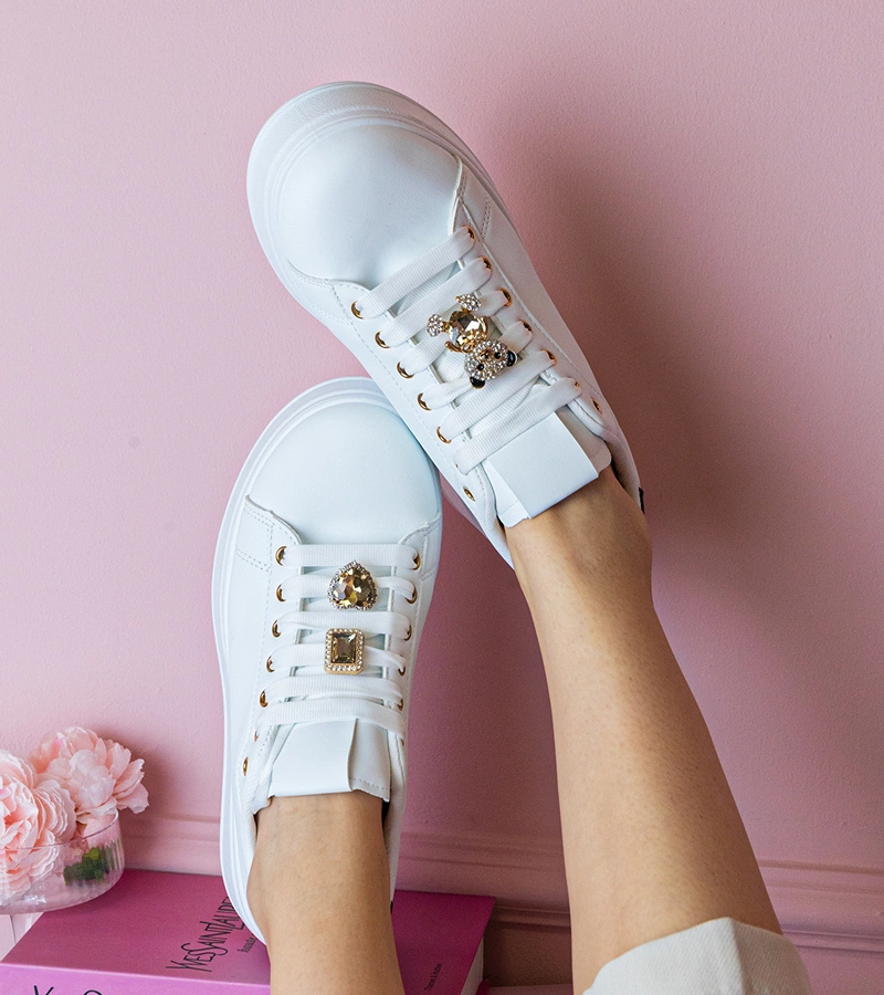 Hers Biało-czarne sneakersy damskie zdobione kamieniami