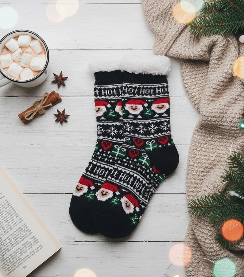 Ocieplane czarne skarpety z Mikołajem