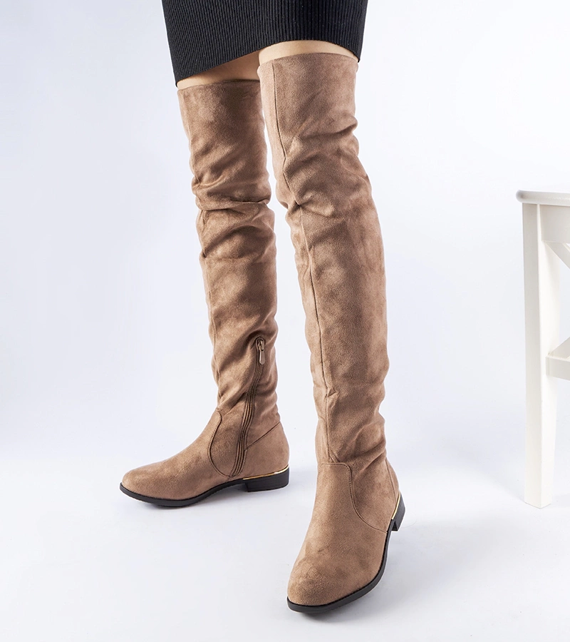 Długie brązowe ciepłe kozaki eko-zamsz