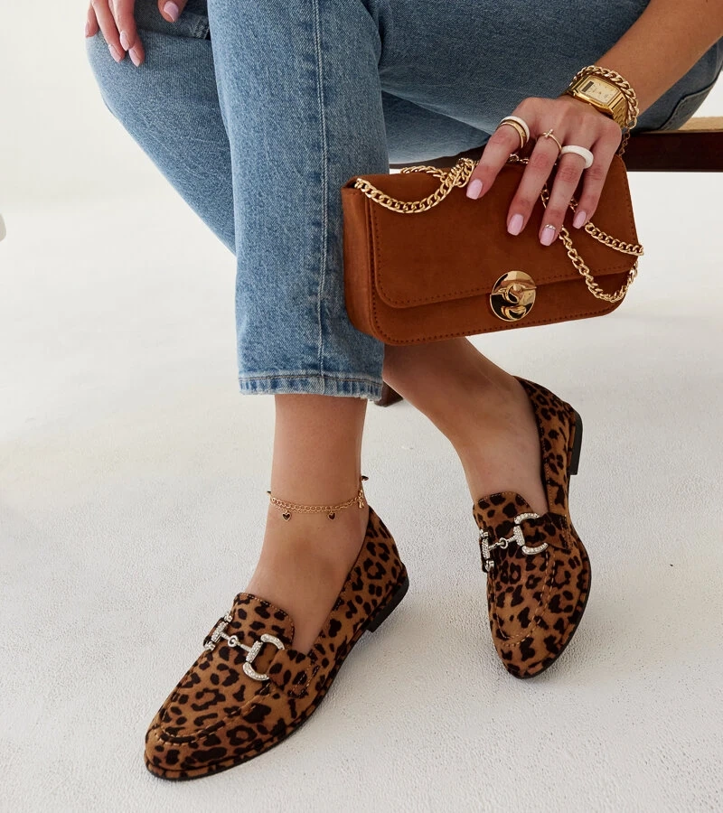 Panterkowe mokasyny z cyrkoniami