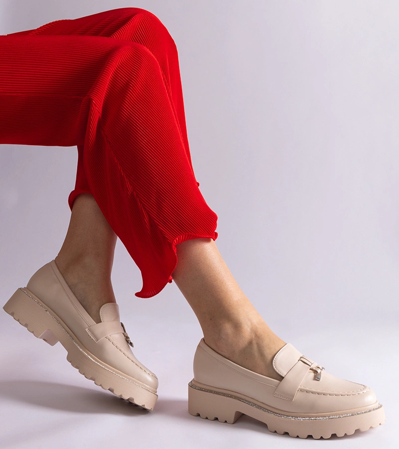 Hers Beżowe mokasyny z ekoskory zdobione cyrkoniami Henley