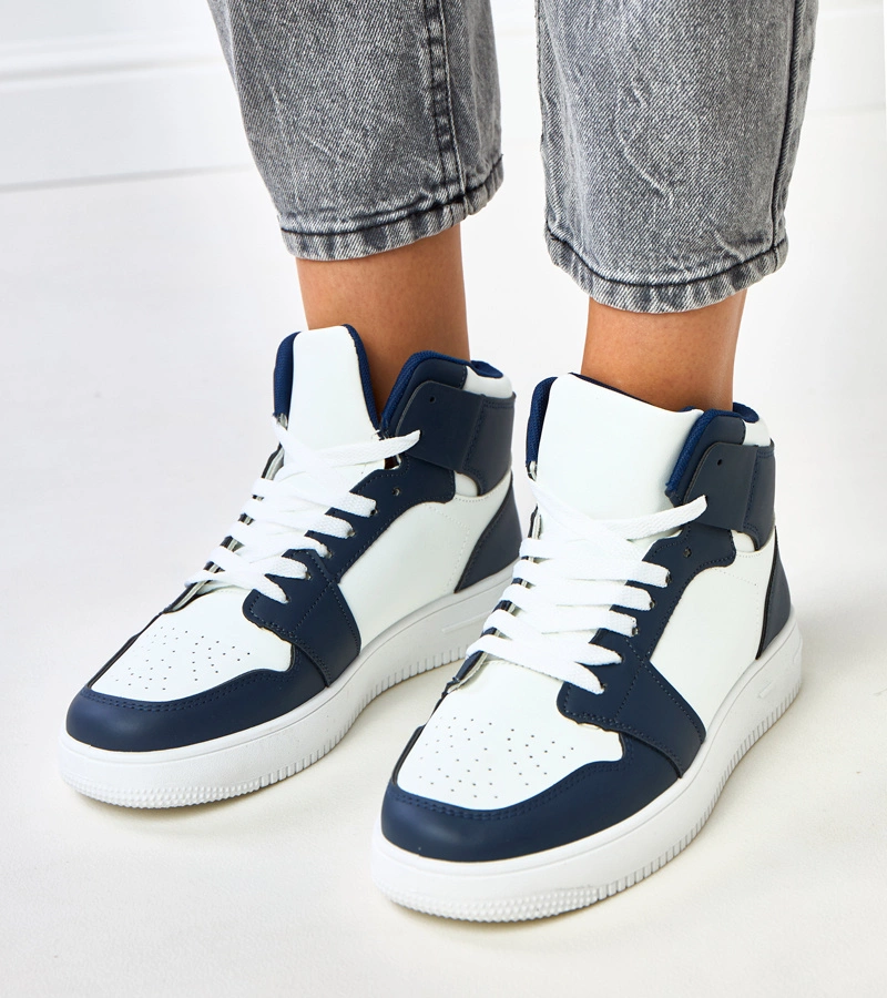 Hers Biało-granatowe wysokie damskie sneakersy na platformie