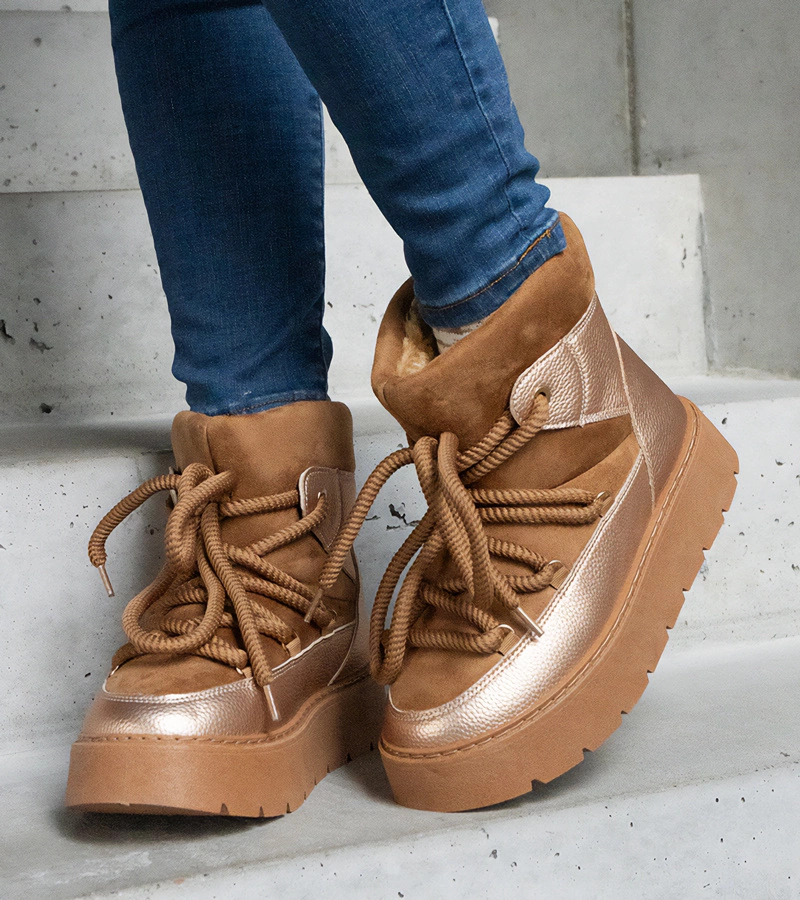 Brązowe śniegowce na platformie ocieplane futerkiem