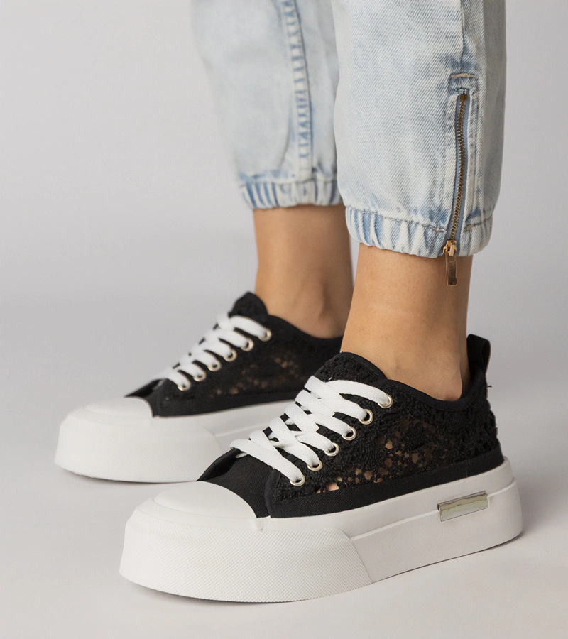 Hers Czarne trampki sneakersy damskie ażurowe