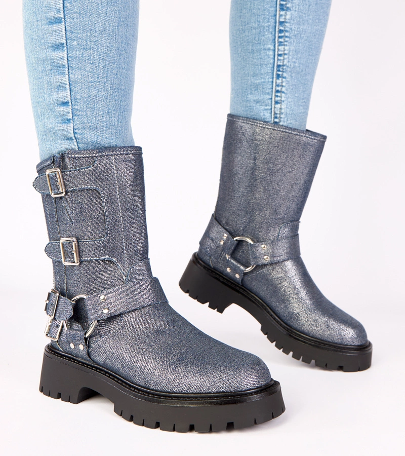 Hers Niebieskie botki zdobione sprzączkami ze srebrnym połyskiem