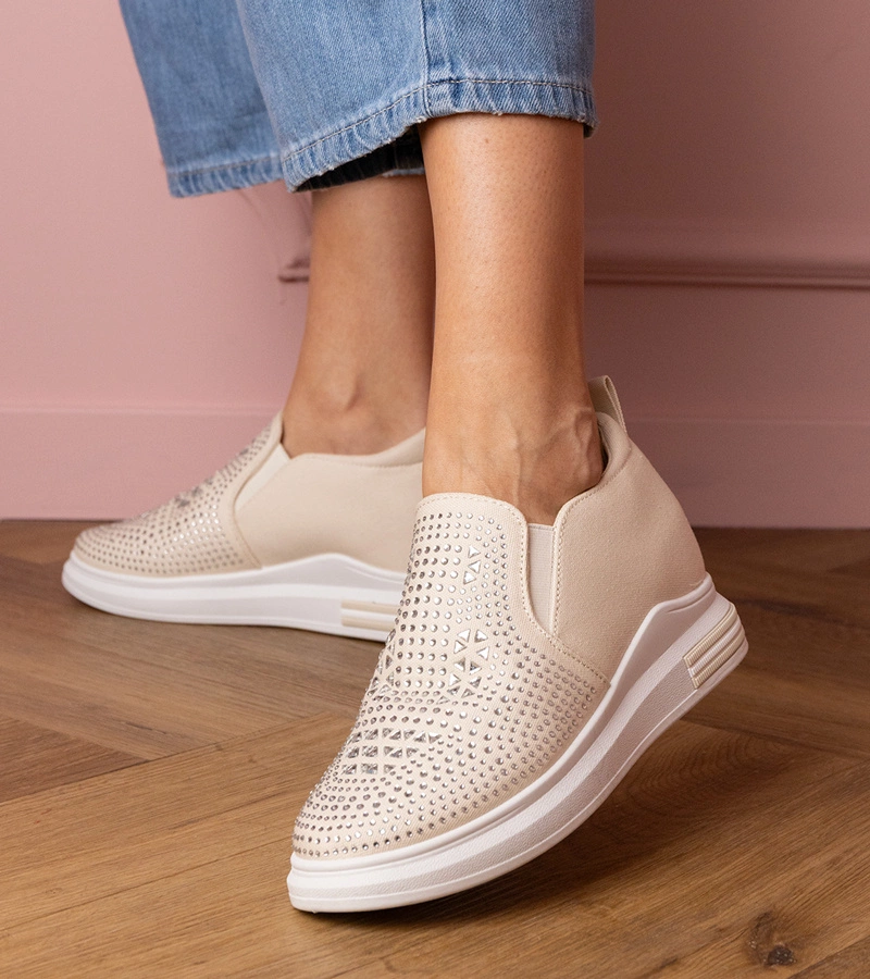 Hers Beżowe damskie tenisówki z cyrkoniami na ukrytym koturnie