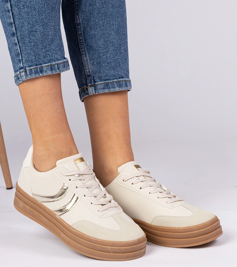 Hers Beżowe sneakersy trampki damskie z złotym dodatkiem