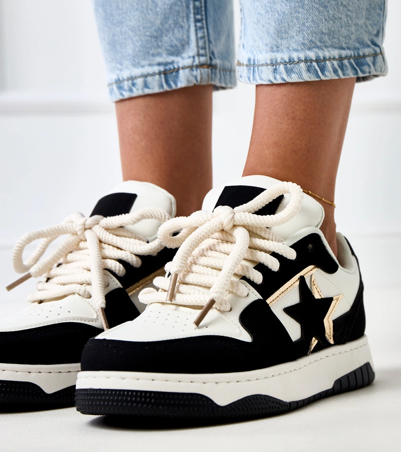 Hers damskie Czarno-białe sneakersy na platformie z gwiazdkami