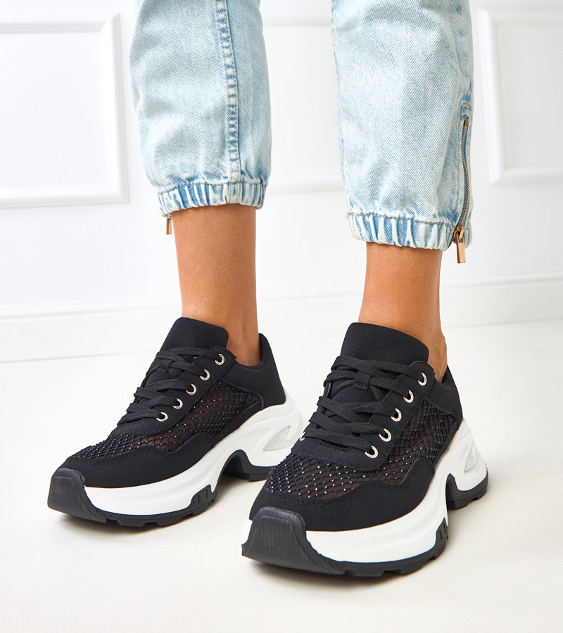 Hers Czarne damskie sneakersy na platformie z cyrkoniami
