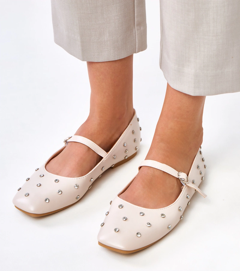 Hers Damskie beżowe balerinki z kryształkami