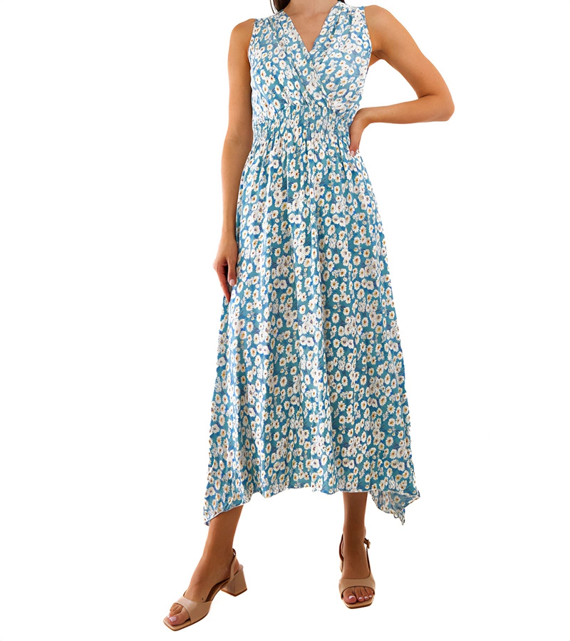 Niebieska sukienka midi w kwiaty