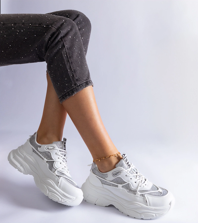 Hers Sneakersy Damskie Białe z Brokatowymi Wstawkami