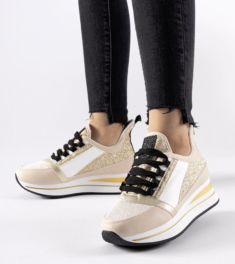 Beżowe brokatowe sneakersy na platformie