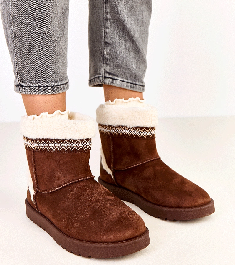 Hers Brązowe niskie śniegowce zdobione haftem