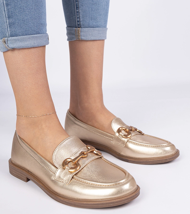 Hers Złote mokasyny damskie ze złotym zdobieniem