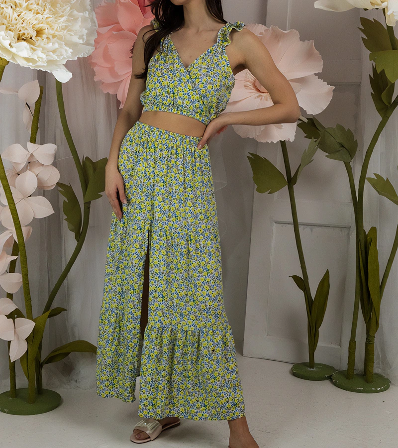 Hers Żółty komplet spódnica+top w kwiaty