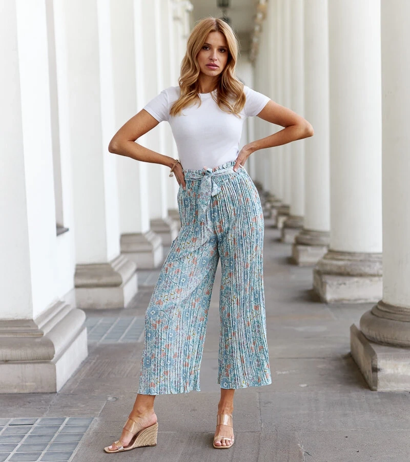 Zielone eleganckie spodnie plisowane w kwiaty