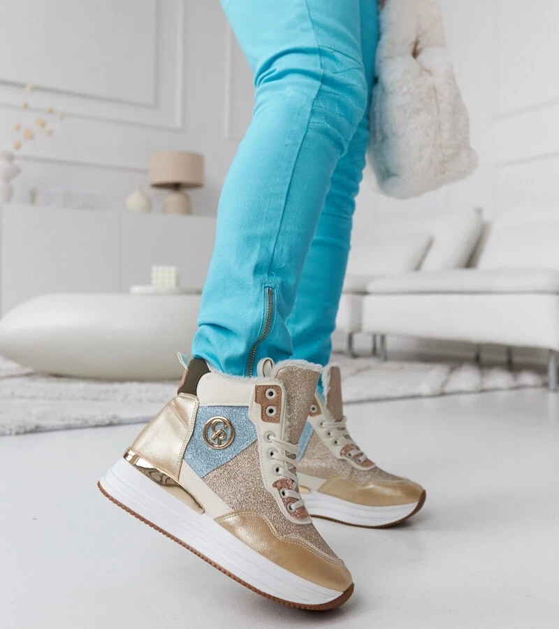Zlote ocieplane sneakersy z brokatem