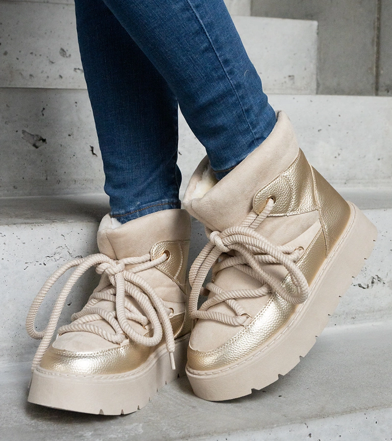 Beżowe śniegowce na platformie ocieplane futerkiem