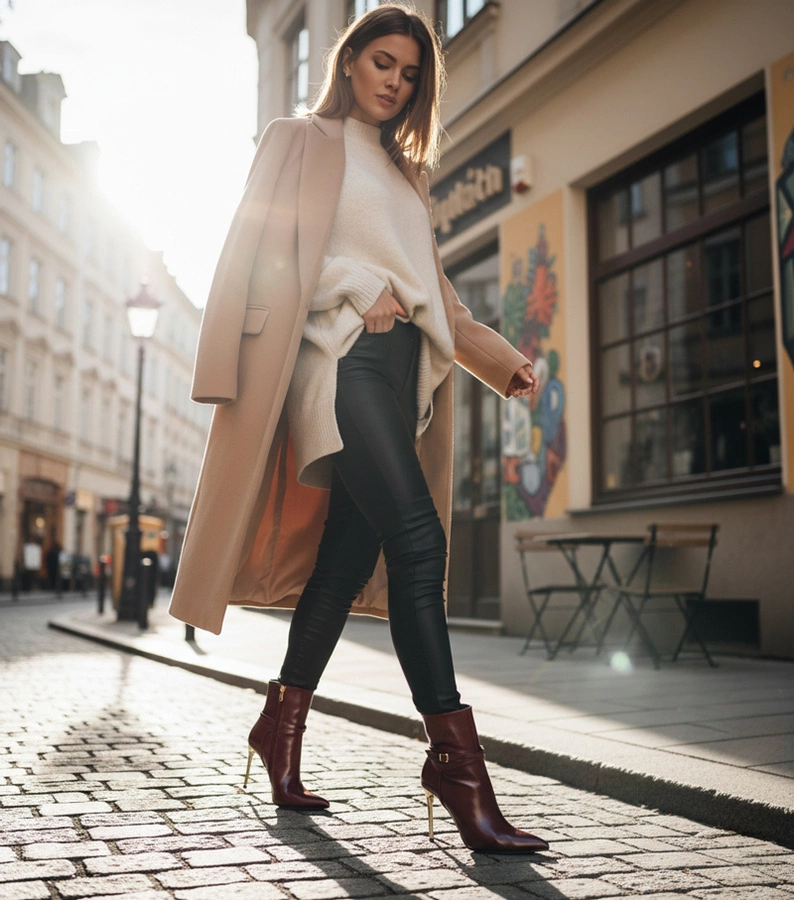 Hers Bordowe botki na złotej szpilce z połyskiem