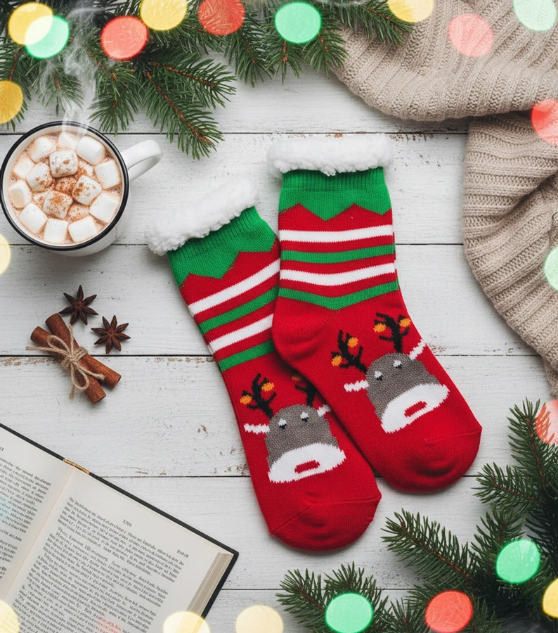 Ocieplane czerwone skarpety z reniferem