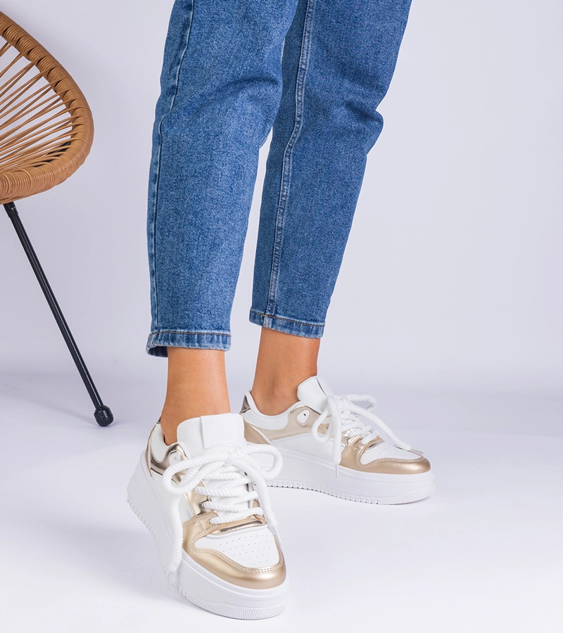 Hers Sneakersy Damskie Biało-Złote na Platformie z Cechami Szczególnymi