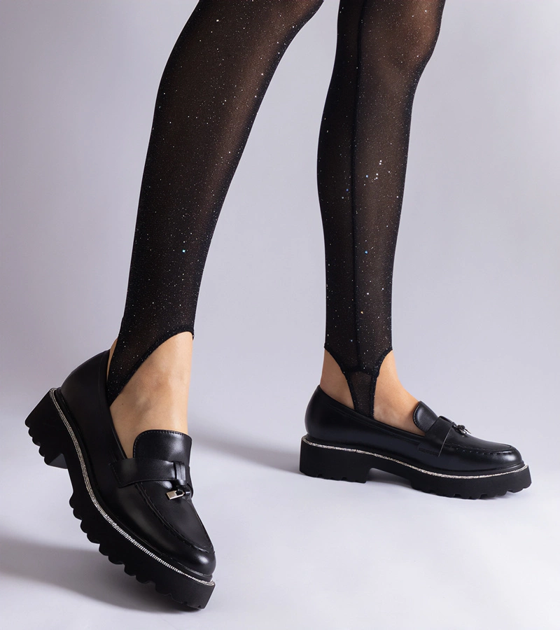 Hers Czarne  mokasyny z ekoskory zdobione cyrkoniami Henley