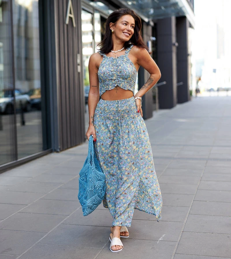 Zielony komplet spódnica+top w kwiaty